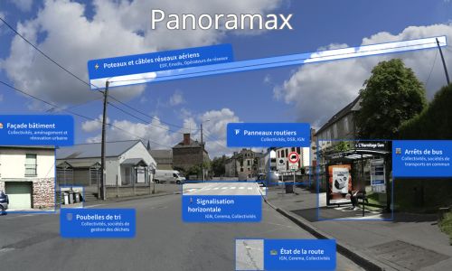 illustration de ce qu'on peut voir dans une photos panoramax (arrêts de bus, poteaux, câbles aériens, poubelles, état de la voirie...)
