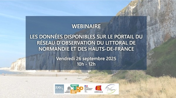 Affiche du webinaire de l'ANBDD et du ROLNHDF dont le titre est "Les données disponibles sur le portail du réseau d'observation du littoral de Normandie et des Hauts-de-France" ayant lieu le 26 septembre entre 10h et 12h