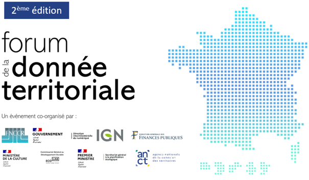 image de la France sous forme de pointillés avec le titre de l'évènement "forum de la donnée territoriale" et le logo des organisateurs : FNCCR, gouvernemen,t, IGN, DINUM, Finances publiques, ministère de la culture, ecolab, premier ministre,secrétariat général à la planification écologique, ANCT