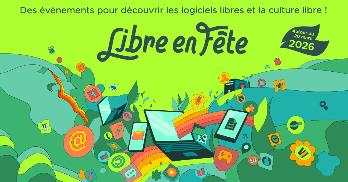 logo libre en fête avec la description "des évènements pour découvrir les logiciels libres et la culture libre