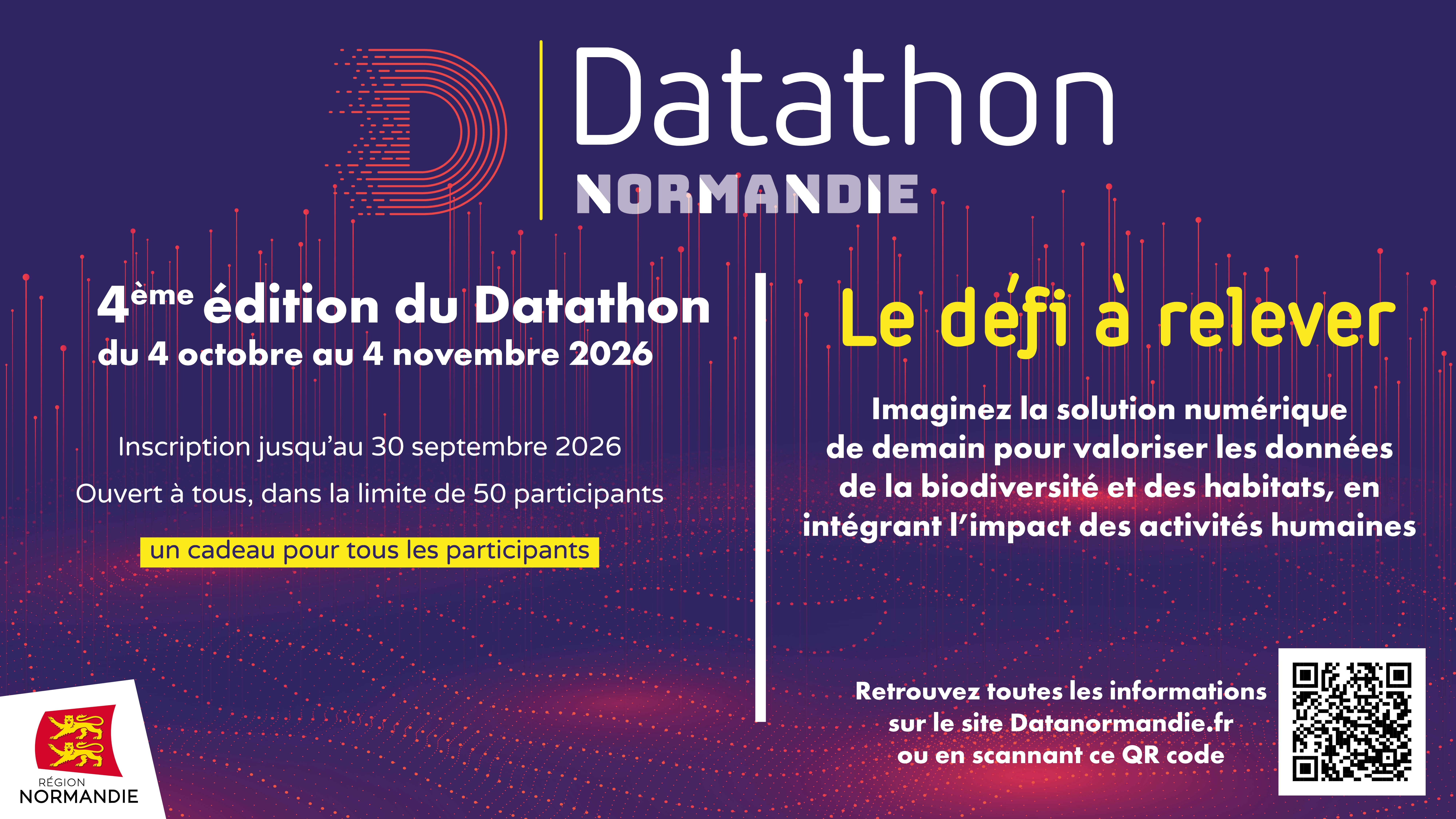 Visuel du datathon, du 4 octobre au 4 novembre, inscriptions jusqu'au 30 septembre. Défi portant sur la valorisation des données de la biodiversité et des habitats en intégrant l'impact des activités humaines. Un QR code renvoie sur l'actualité