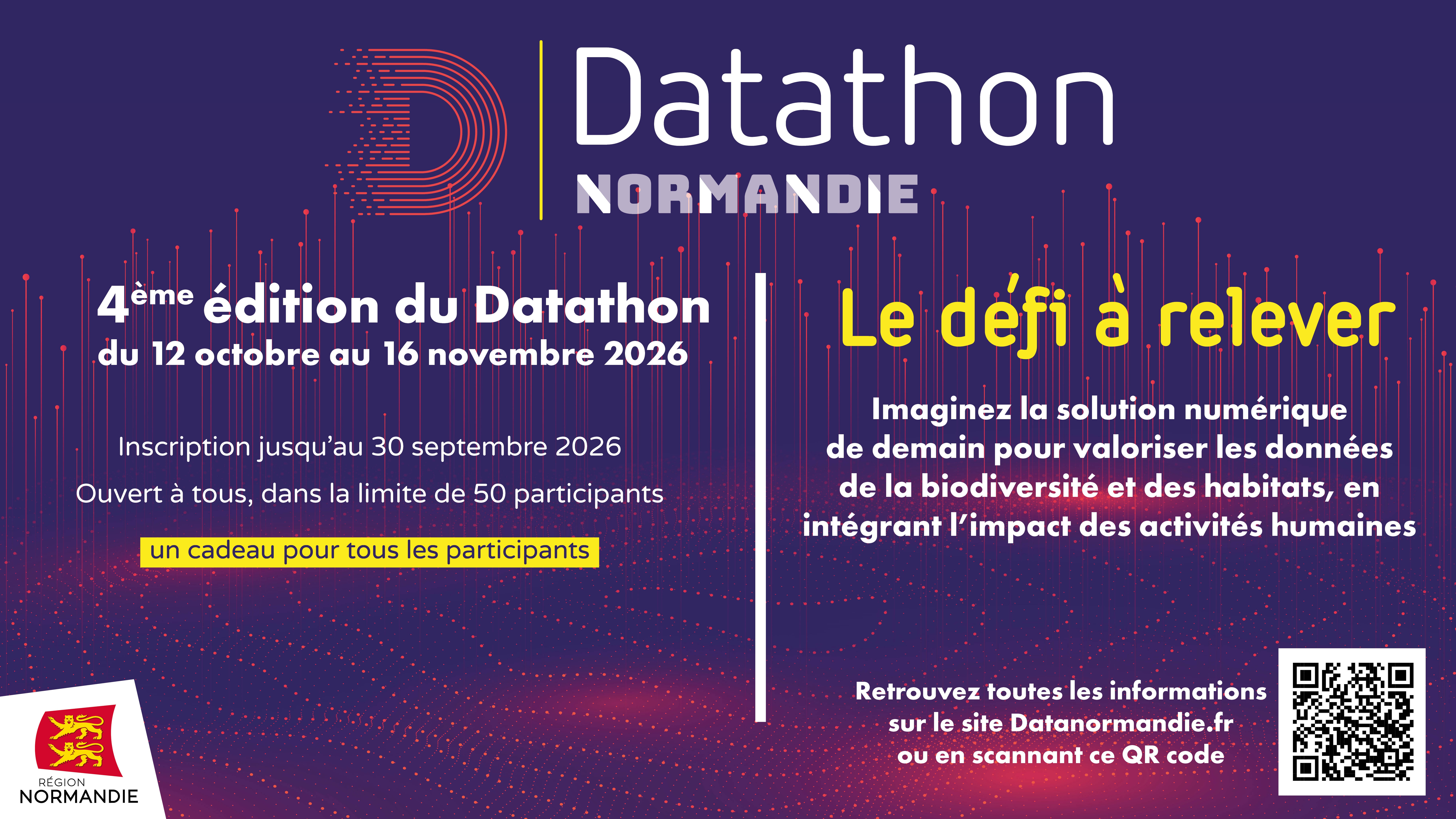 Visuel du datathon, du 12 octobre au 16 novembre, inscriptions jusqu'au 30 septembre. Défi portant sur la valorisation des données de la biodiversité et des habitats en intégrant l'impact des activités humaines. Un QR code renvoie sur l'actualité