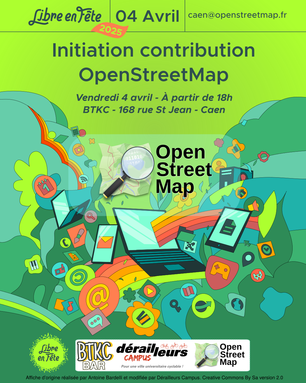 libre en fête le 4 avril Caen@openstreetmap.fr initiation contribution OpenStreetMap vendredi 4 avril à partir de 18h - BTKC 168 rue St Jean Caen - Dérailleurs Campus