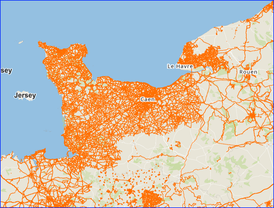 carte de la couverture de la Normandie en Photos panoramax. zones bien couvertes Départements de la Manche et du Calvados et agglomération du Havre et de Caux Seine agglo