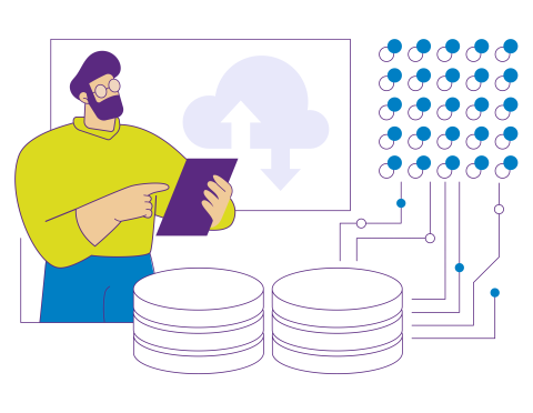 image d'un homme à barbe tenant une tablette, entouré de symboles rappelant la donnée / data