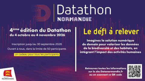 Visuel du datathon, du 4 octobre au 4 novembre, inscriptions jusqu'au 30 septembre. Défi portant sur la valorisation des données de la biodiversité et des habitats en intégrant l'impact des activités humaines. Un QR code renvoie sur l'actualité