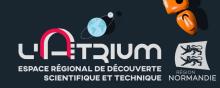 Logo de l'Atrium Normandie, l'espace régional de découvertes scientifiques et techniques, suivi du logo Région Normandie