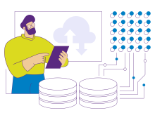 image d'un homme à barbe tenant une tablette, entouré de symboles rappelant la donnée / data